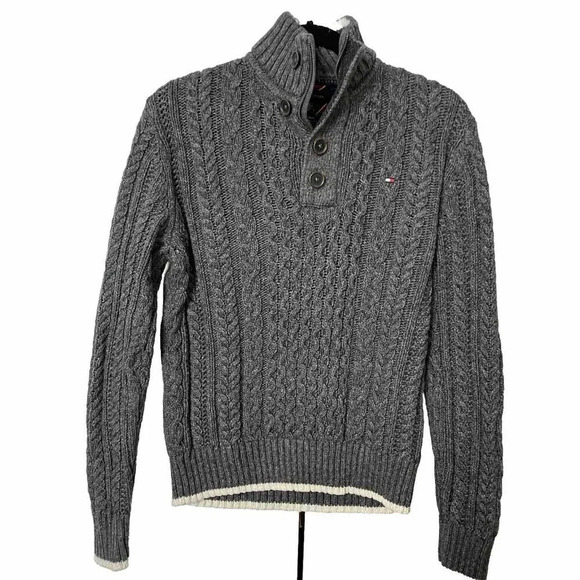 Tommy Hilfiger Luxury Blend Gray Cotton Wool Knit Grandpa Sweater  Mens Medium - Picture 1 of 4